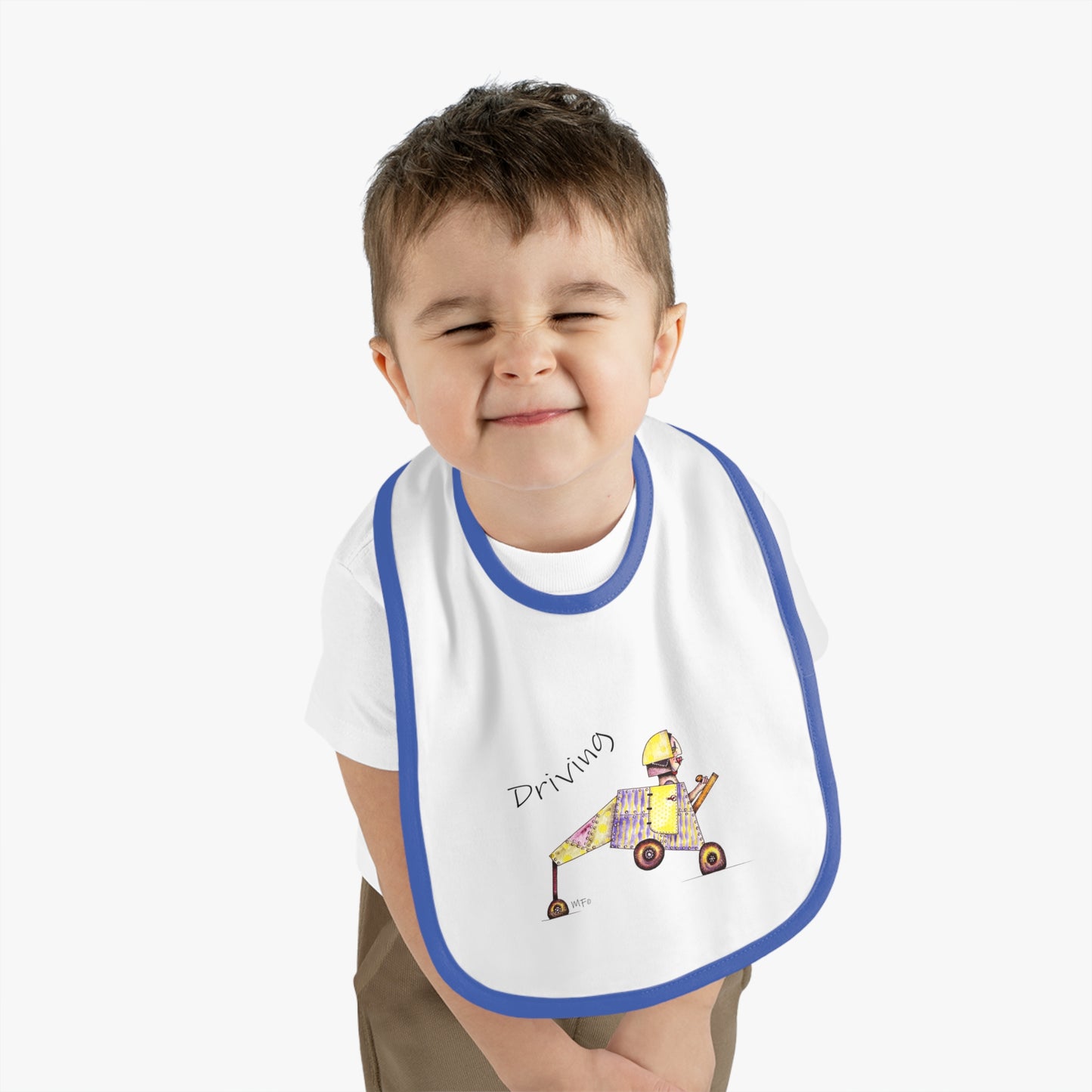 Driving - Super Cute Whimsical Designer Baby Contrast Trim Jersey Bib by artist Marie Frederique