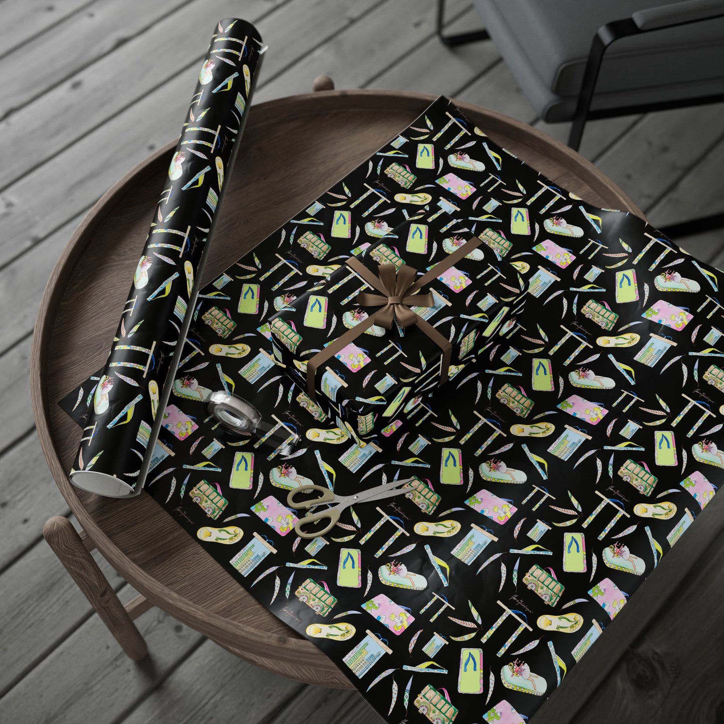 Flip Flop Pattern on Black (Beachy Gift Wrap) by artist Marie Frederique