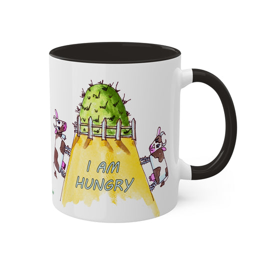 Cow, "The grass is always greener" - I am Hungry, Colorful Mugs in 4 colors, 11oz By Artist Marie Frederique