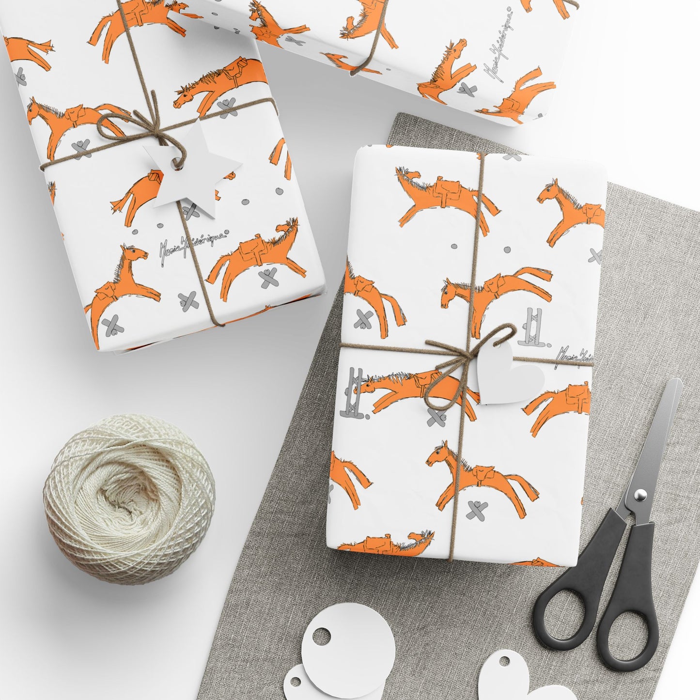 Horse Jumping Pattern Wrapping Paper – Orange Horses on White Gift Wrap (Holiday & Birthday) by artist Marie Frederique