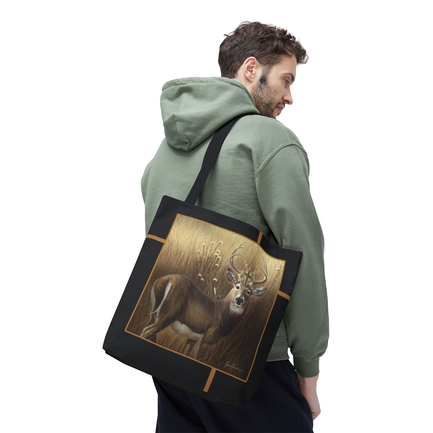 Deer Buck Tote Bag – Golden Meadow Wildlife Art Tote by artist Marie Frederique