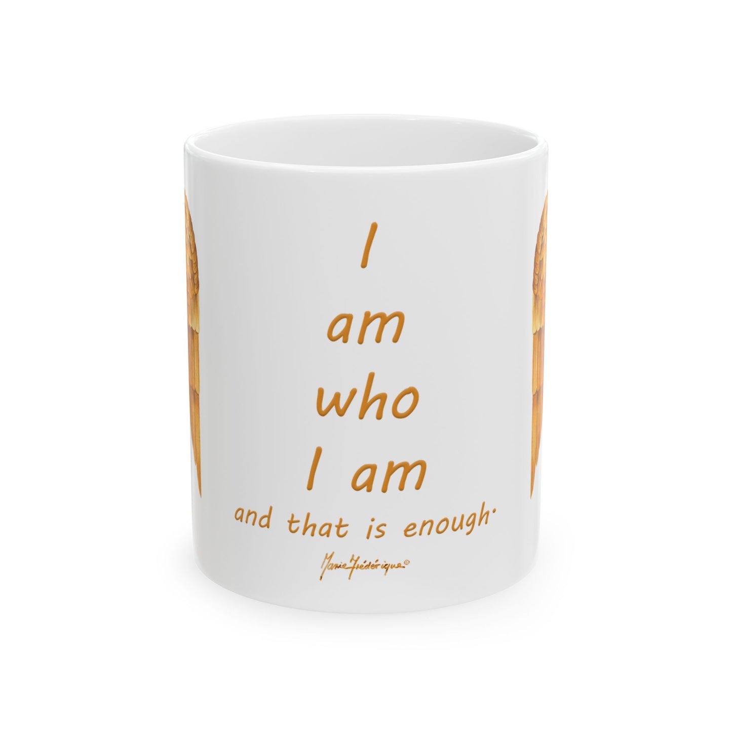 Angel Wings, "I am who I am and that is enough" Mantra Ceramic Mug in golden yellow, 11oz by Artist Marie Frederique