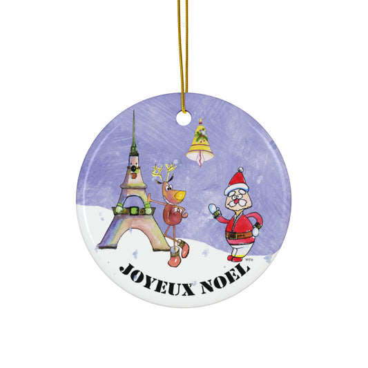 Christmas Ceramic Ornament - Reindeer and Santa Joyeux Noel by artist Marie Frederique