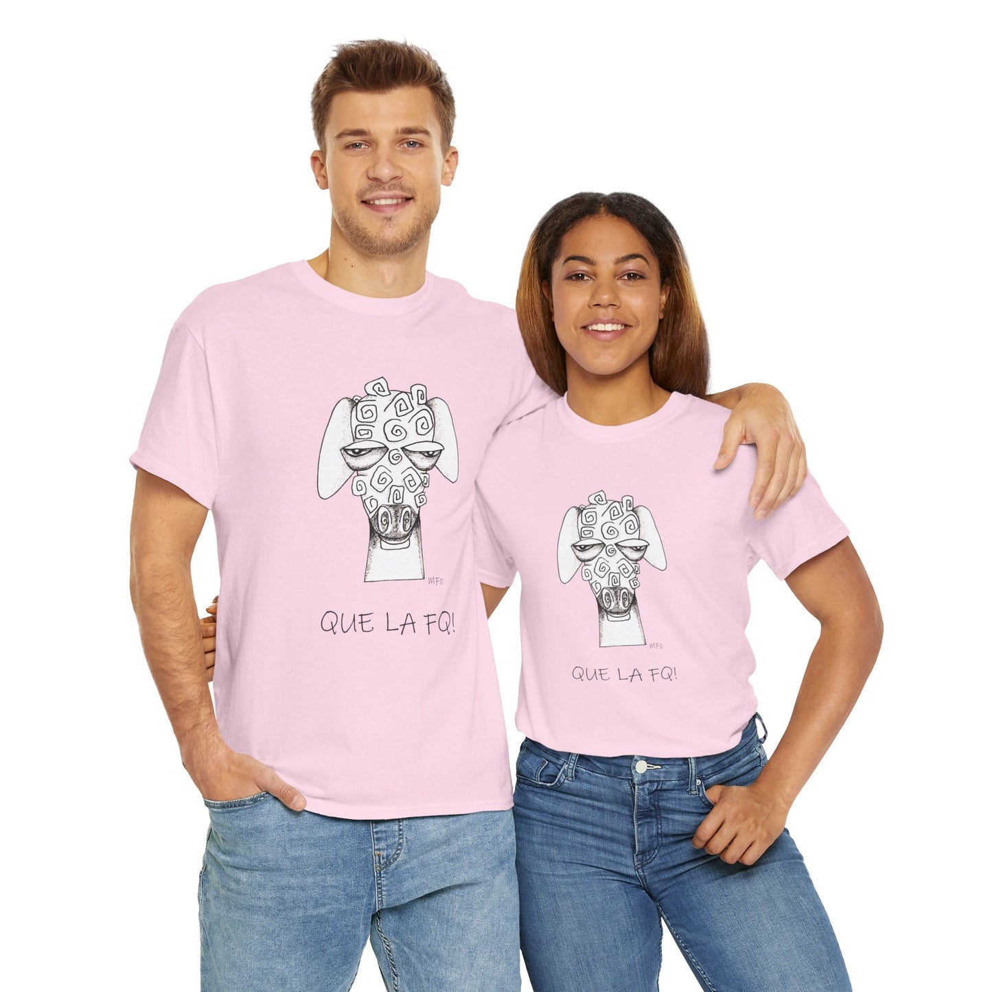 Adult Humor "QUE LA FQ!" with a whimsical drawing of a sheep's face - Unisex Heavy Cotton Tee by artist Marie Frederique