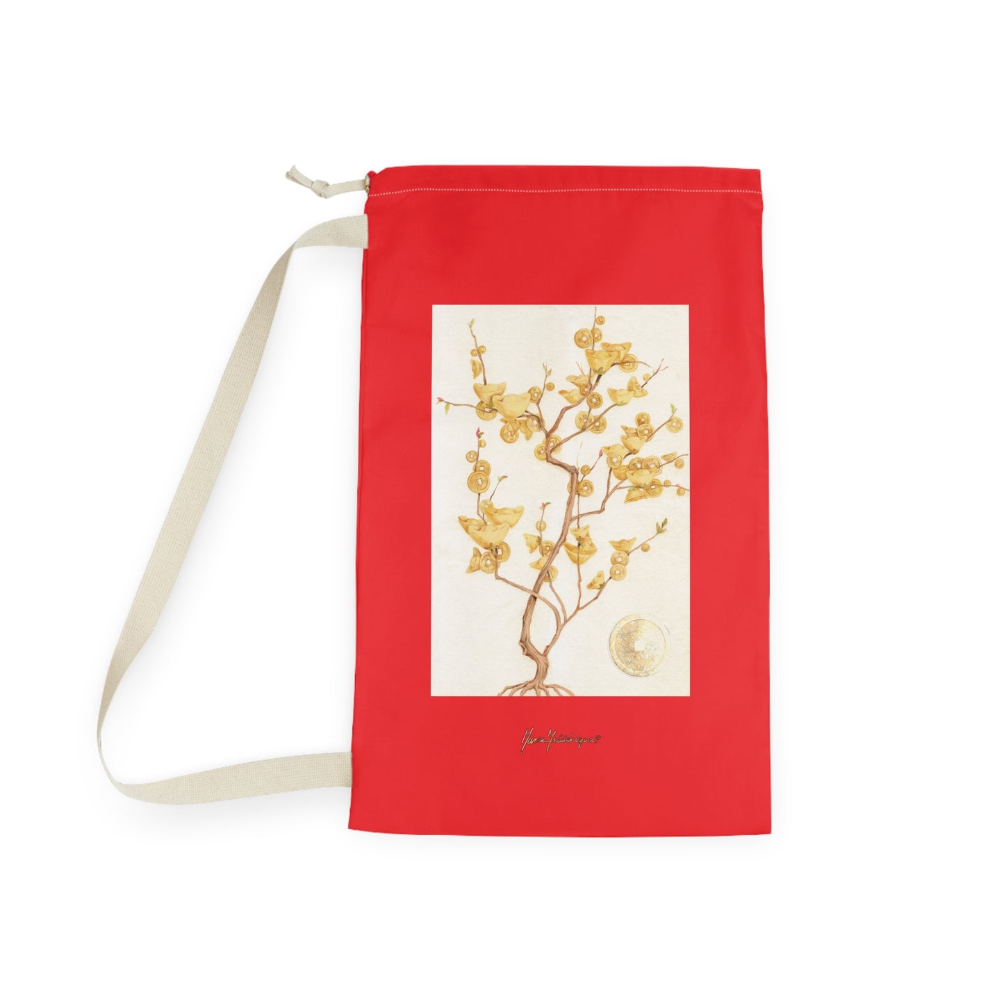 Floral Golden Money Tree Laundry Bag — Drawstring Laundry Sack by artist Marie Frederique