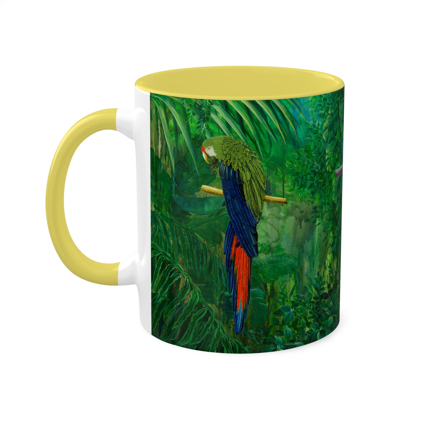 Planet Earth green jungle forest with parrots and blue Iris, in 5 colors. Mug, 11oz By Artist Marie Frederique