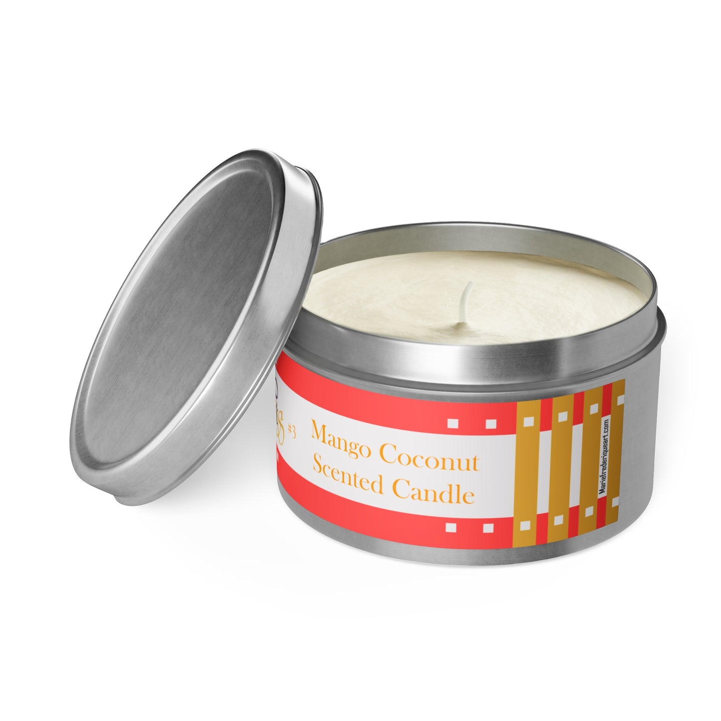 CTS #3 Candle Collection, "Mango Coconut" Scented Coconut Soy Wax Candle in a metal tin. 4 oz or 8 oz, 3 tin colors silver, black or gold