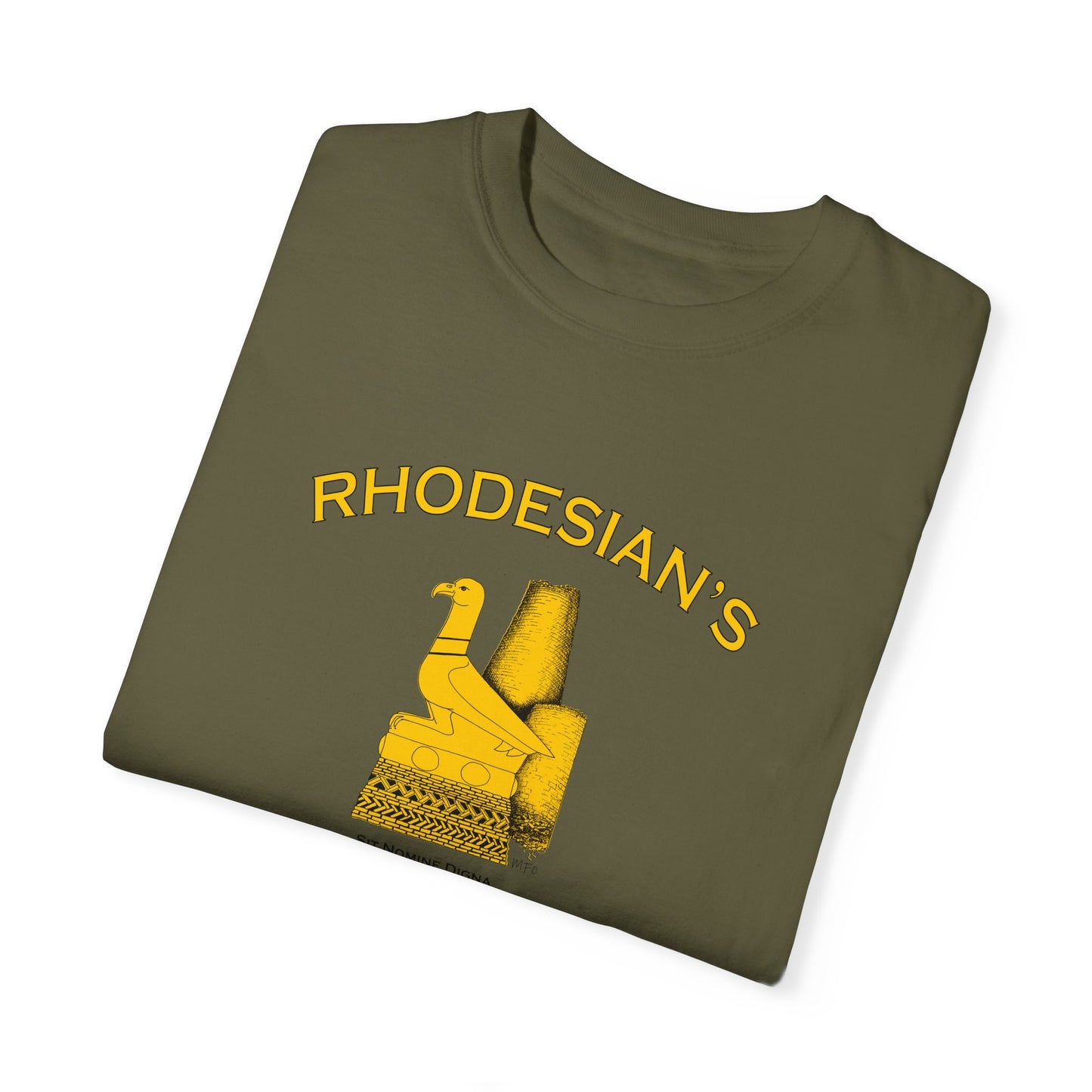 Rhodesian's Never Die, Sit Nomine Digna - Unisex Garment-Dyed T-shirt by artist Marie Frederique