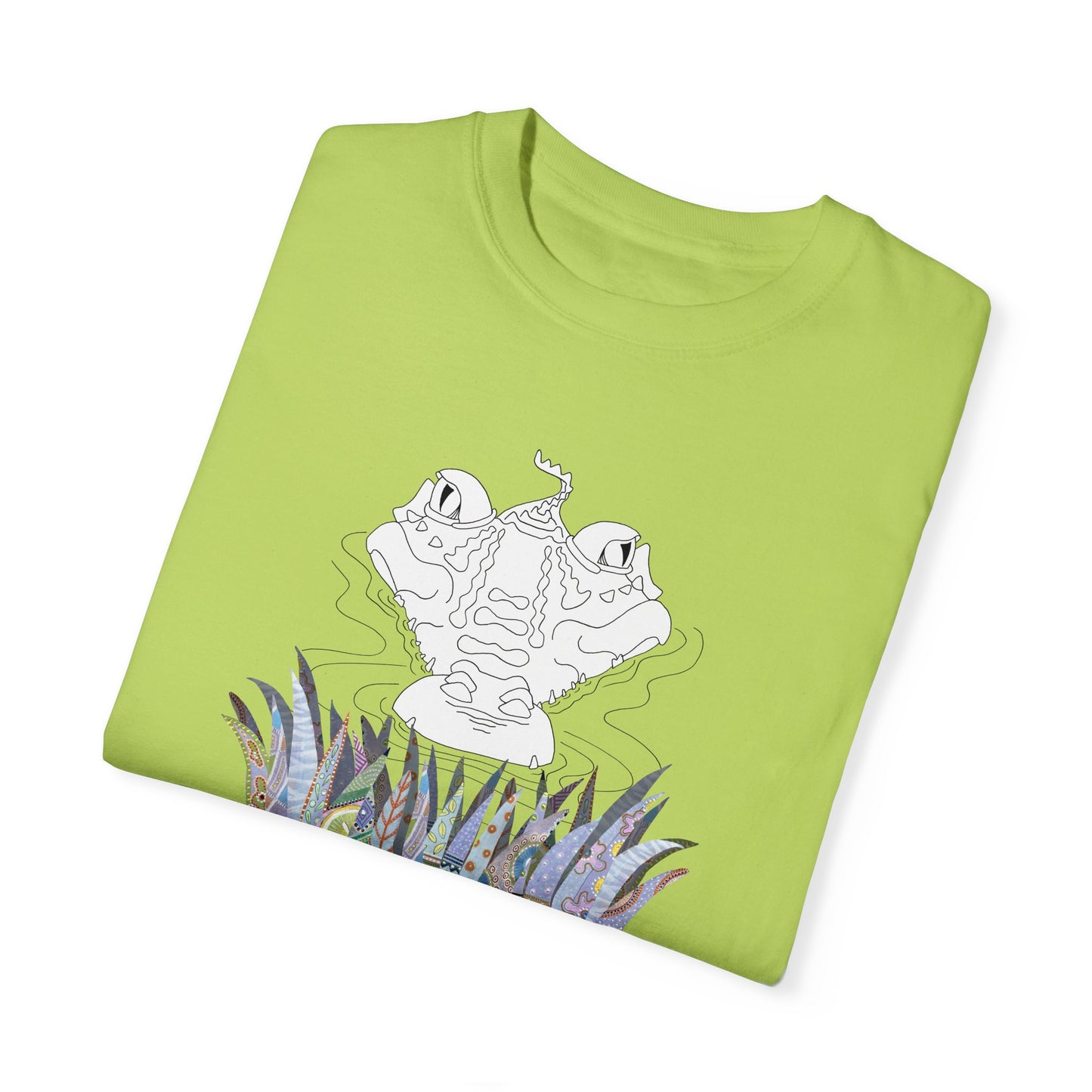 Gator Trip, Reptilian lovers - whimsical drawing in Black & White with painted foliage - Unisex Garment-Dyed T-shirt by artist Marie Frederique