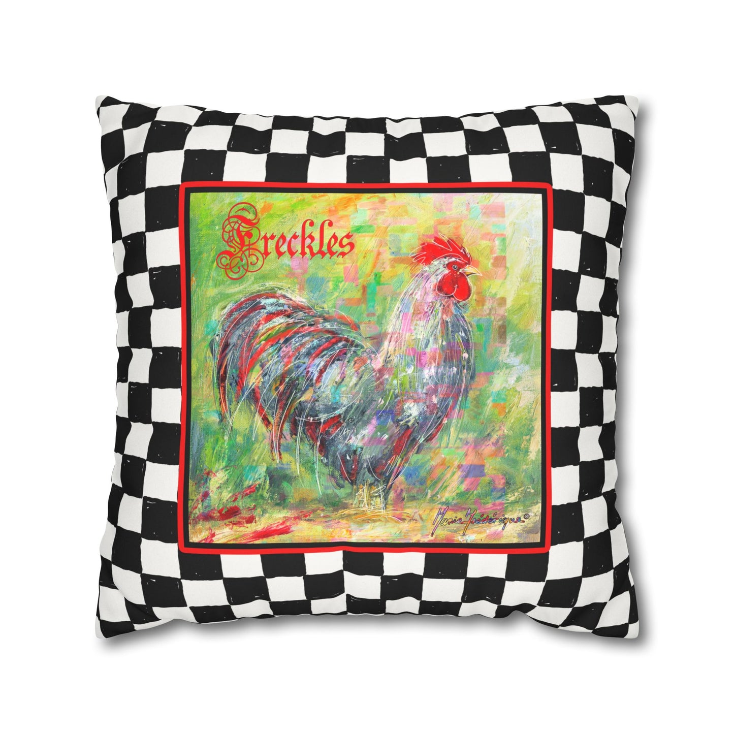 Rooster Checkered Faux Suede Pillowcase — "Freckles" Farmhouse Throw Pillow Cover by artist Marie Frederique