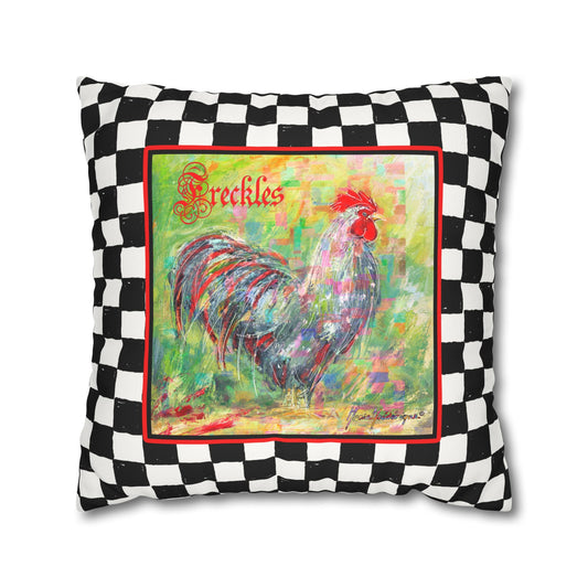 Rooster Checkered Faux Suede Pillowcase — "Freckles" Farmhouse Throw Pillow Cover by artist Marie Frederique