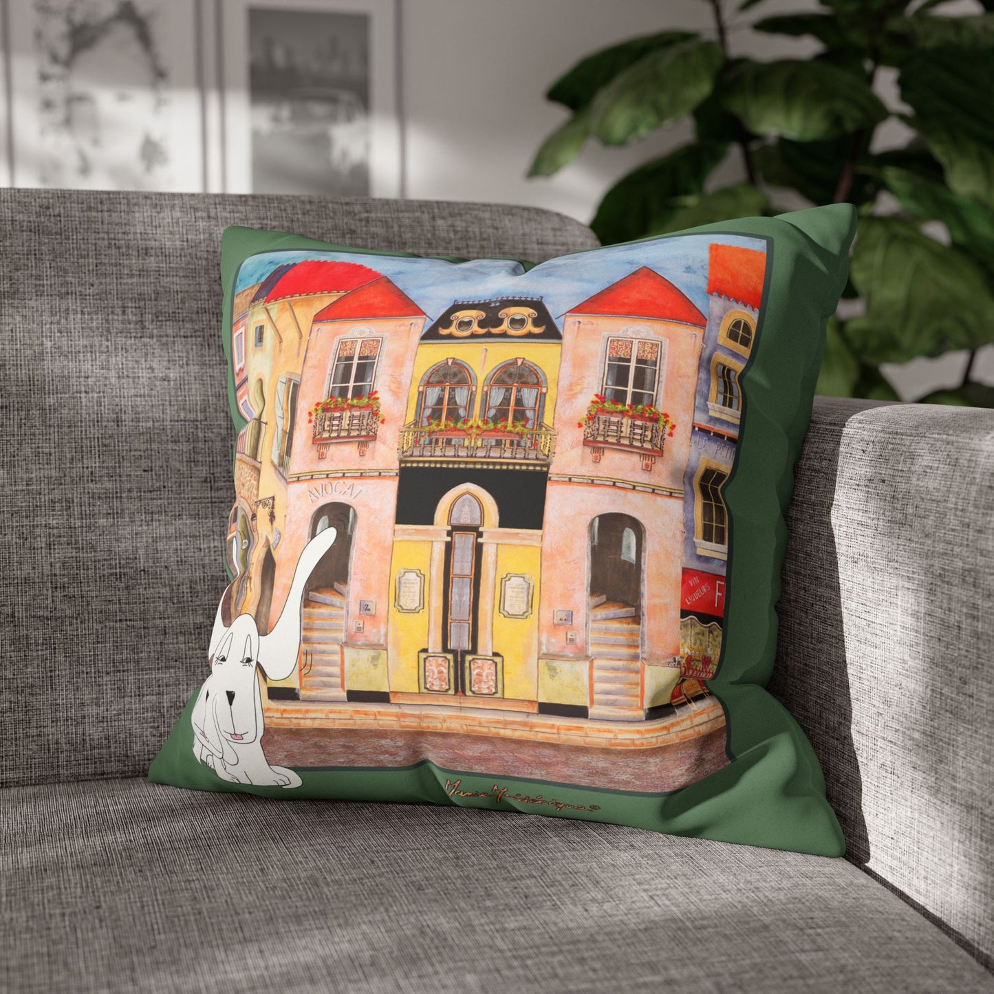 Whimsical Town & Dogs Faux Suede Pillow cover — Chefetteville, Decorative Square Throw Pillow Cover by artist Marie Frederique
