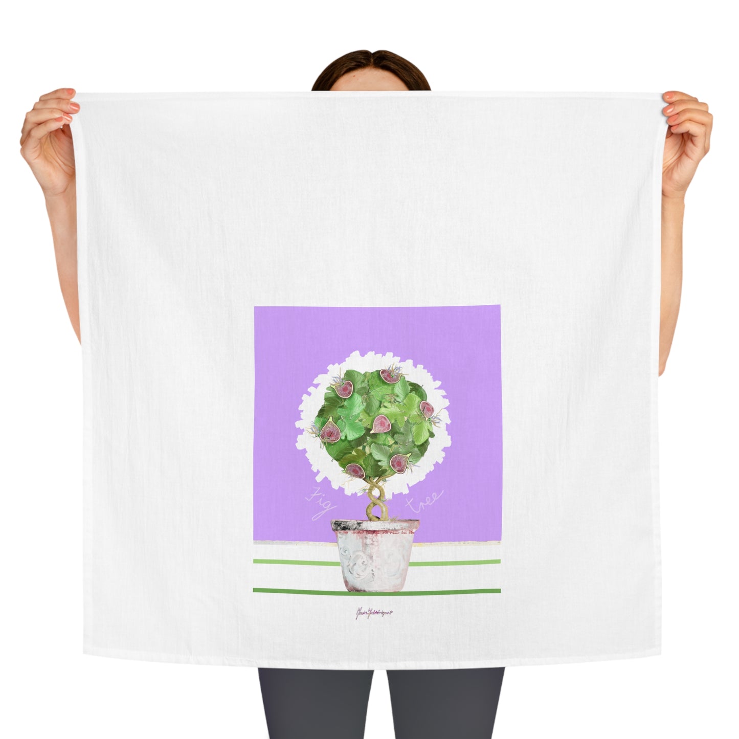 Potted Fig Topiary Kitchen/Tea Towel (Purple Background) by artist Marie Frederique