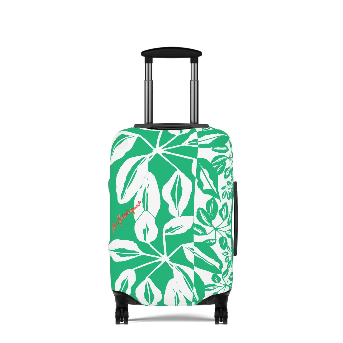 Luggage Cover, Tropical leaves in Green and White by artist Marie Frederique