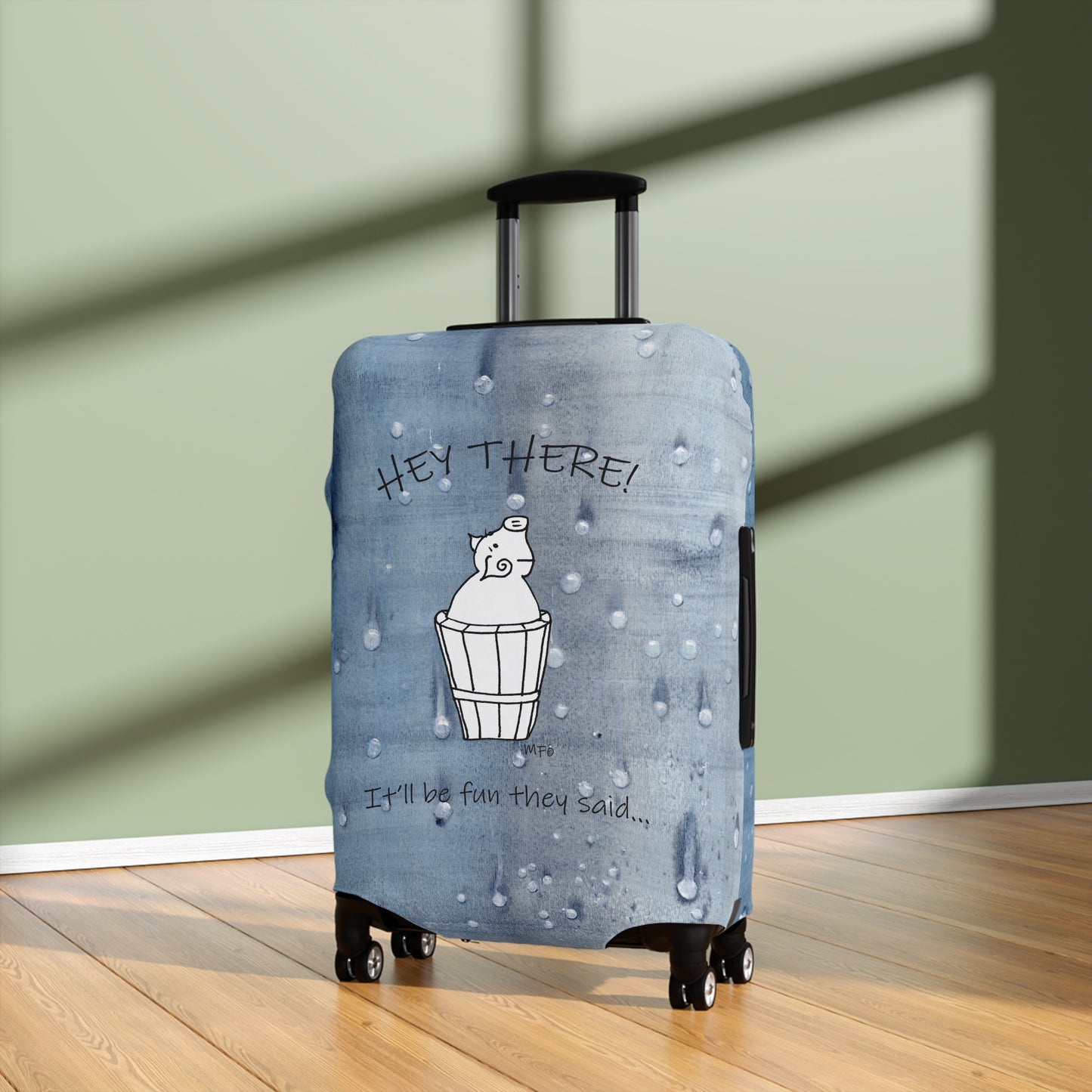 Luggage Cover, Mr. Pig - It'll be fun they said... on a blue wet look background by artist Marie Frederique