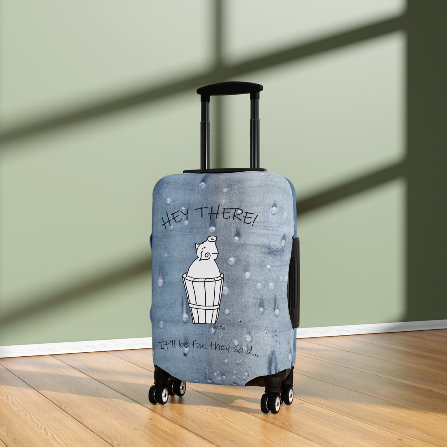 Luggage Cover, Mr. Pig - It'll be fun they said... on a blue wet look background by artist Marie Frederique