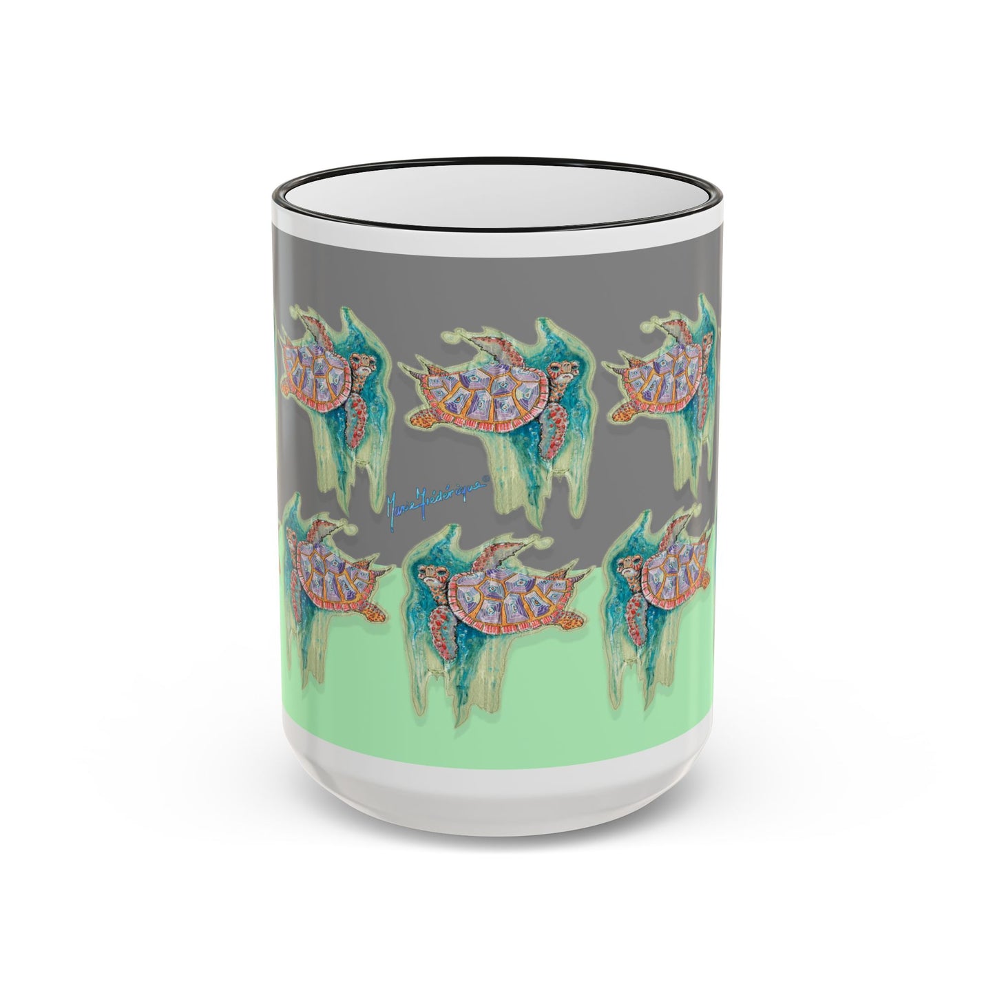 Turtle Mug — Artful Ocean Ceramic Accent Rim & Handle (11oz/15oz) by artist Marie Frederique