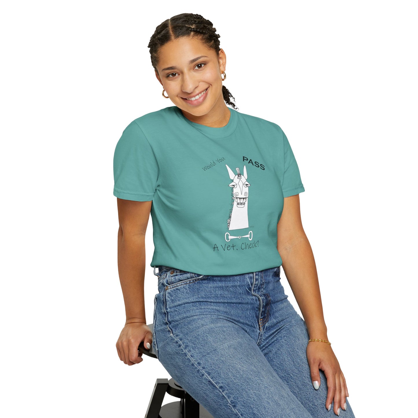 Vet Check - Whimsical horse poses the question "Would you PASS a Vet. Check?" Unisex Garment-Dyed T-shirt by artist Marie Frederique