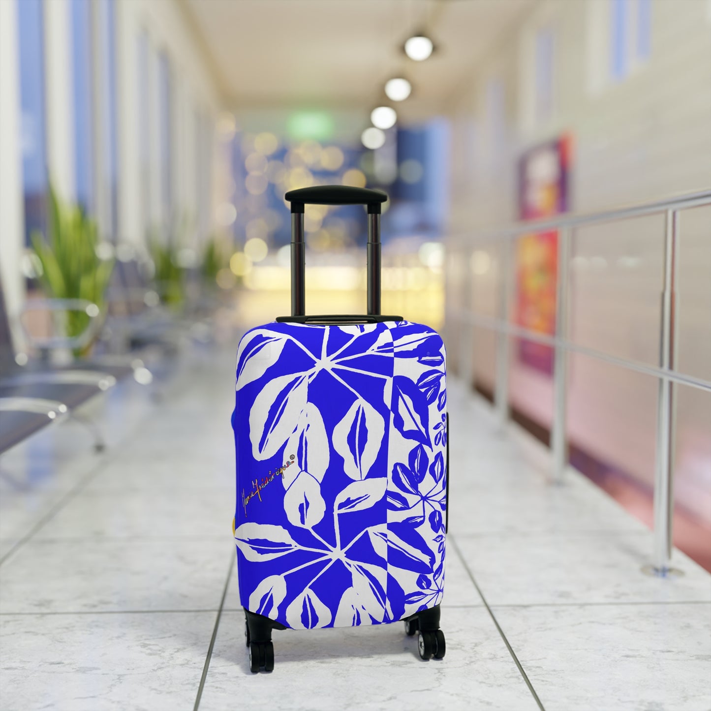 Luggage Cover, Tropical Leaves Blue and White by artist Marie Frederique