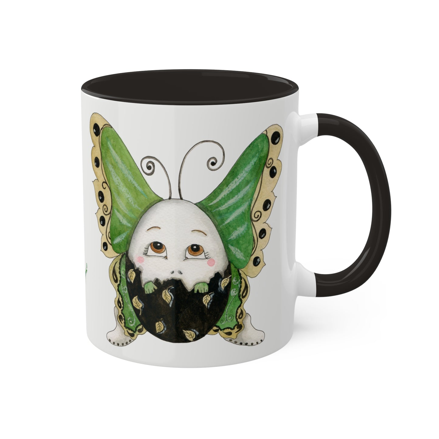 Whimsical Egg Butterfly 2 "Fly, baby fly", Colorful Mugs in black, red and green, 11oz by Artist Marie Frederique