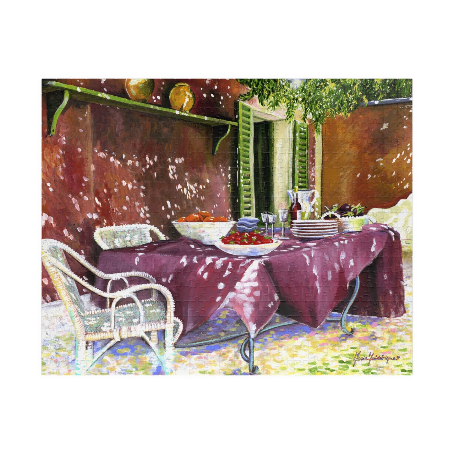 My happy place - summer patio table set for guests, Puzzle (110, 252, 520-piece) by Artist Marie Frederique