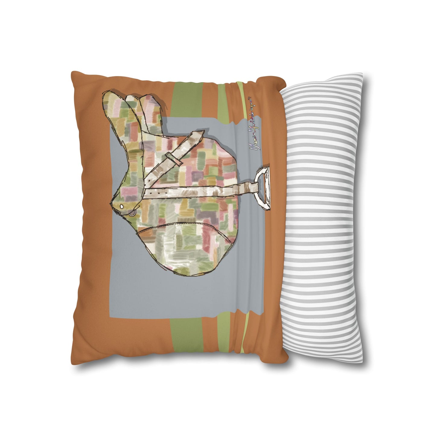 Equestrian Patchwork Saddle Faux Suede Throw Pillow cover by artist Marie Frederique