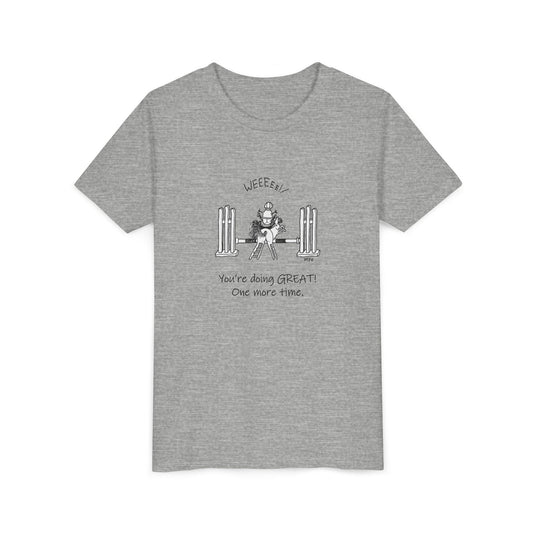 Youth Horse riding Tee - "Weeee! You're doing GREAT! One more time" by artist Marie Frederique