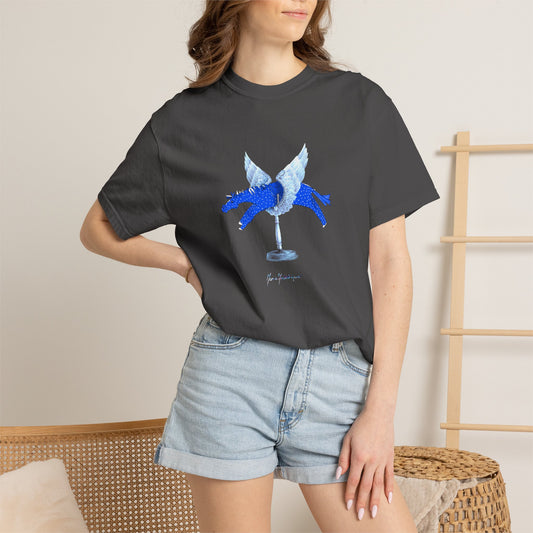 Winged Blue Horse Graphic T-Shirt — "Love Conquers" Equestrian Art Tee by artist Marie Frederique