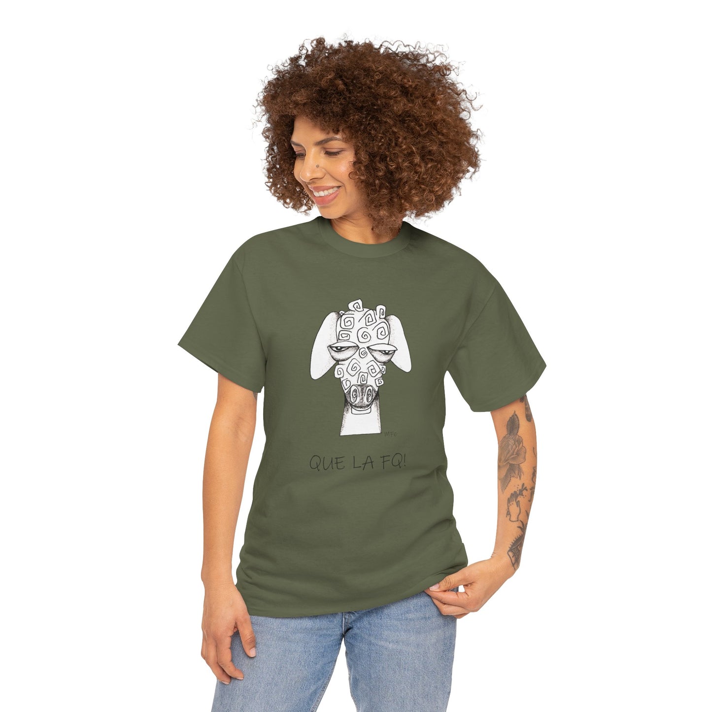 Adult Humor "QUE LA FQ!" with a whimsical drawing of a sheep's face - Unisex Heavy Cotton Tee by artist Marie Frederique