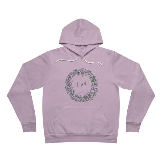 Lavender Wreath with the words "I AM", Unisex Sponge Fleece Pullover Hoodie by artist Marie Frederique