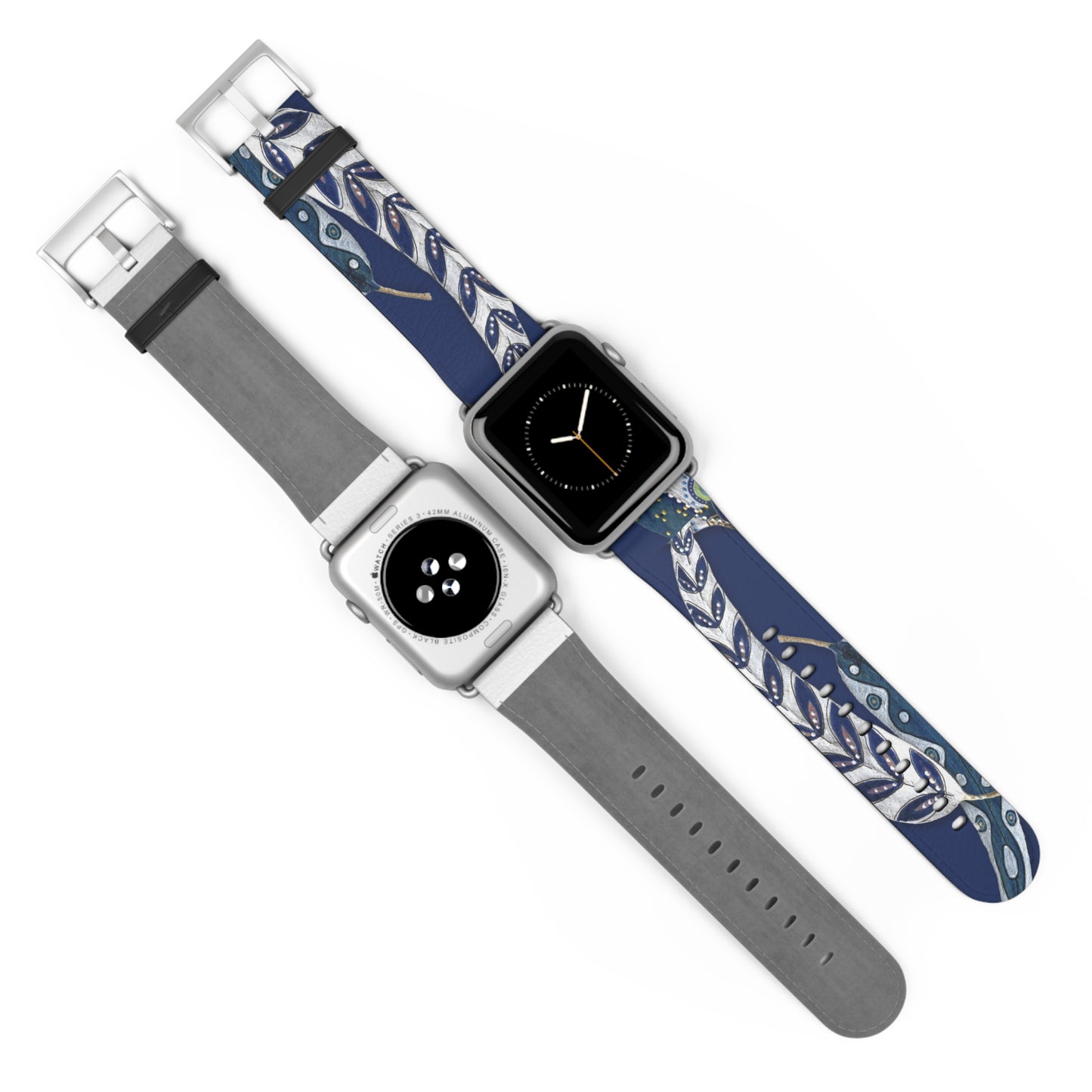 Blue Planet Series, Navy and White painted leaves on faux leather Watch Band by artist Marie Frederique