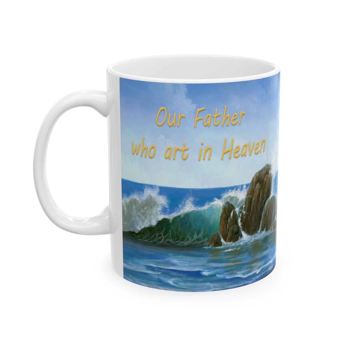 Jesus walks on water ocean art print in blues and yellows Ceramic Mug, 11oz by Artist Marie Frederique