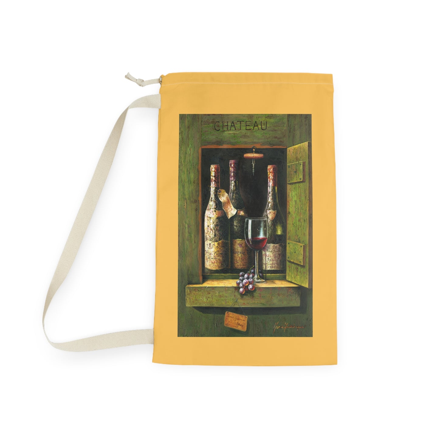 Wine Chateau Laundry Bag — Rustic Wine Bottle & Glass Print by artist Marie Frederique