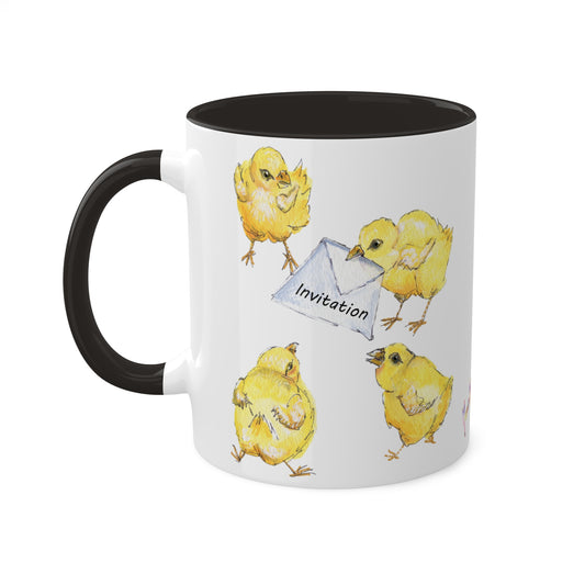 Bunny mailbox with yellow chicks holding an Invitation, Colorful Mug in Black, Yellow and Pink, 11oz by Artist Marie Frederique