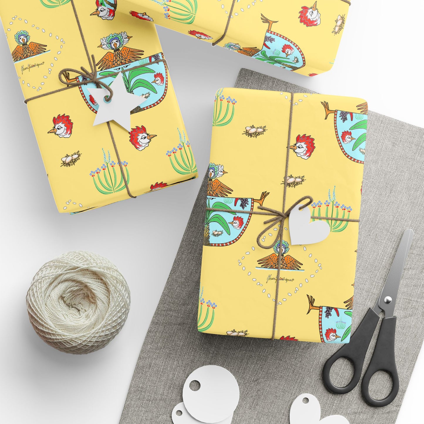 Spring Garden Chicken Wrapping Paper Roll — Yellow Floral chicken Pattern Gift Wrap by artist Marie Frederique