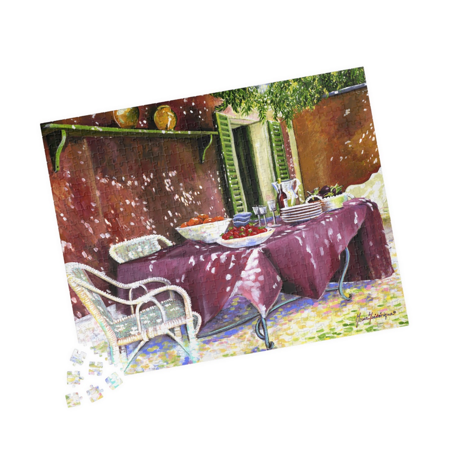 My happy place - summer patio table set for guests, Puzzle (110, 252, 520-piece) by Artist Marie Frederique