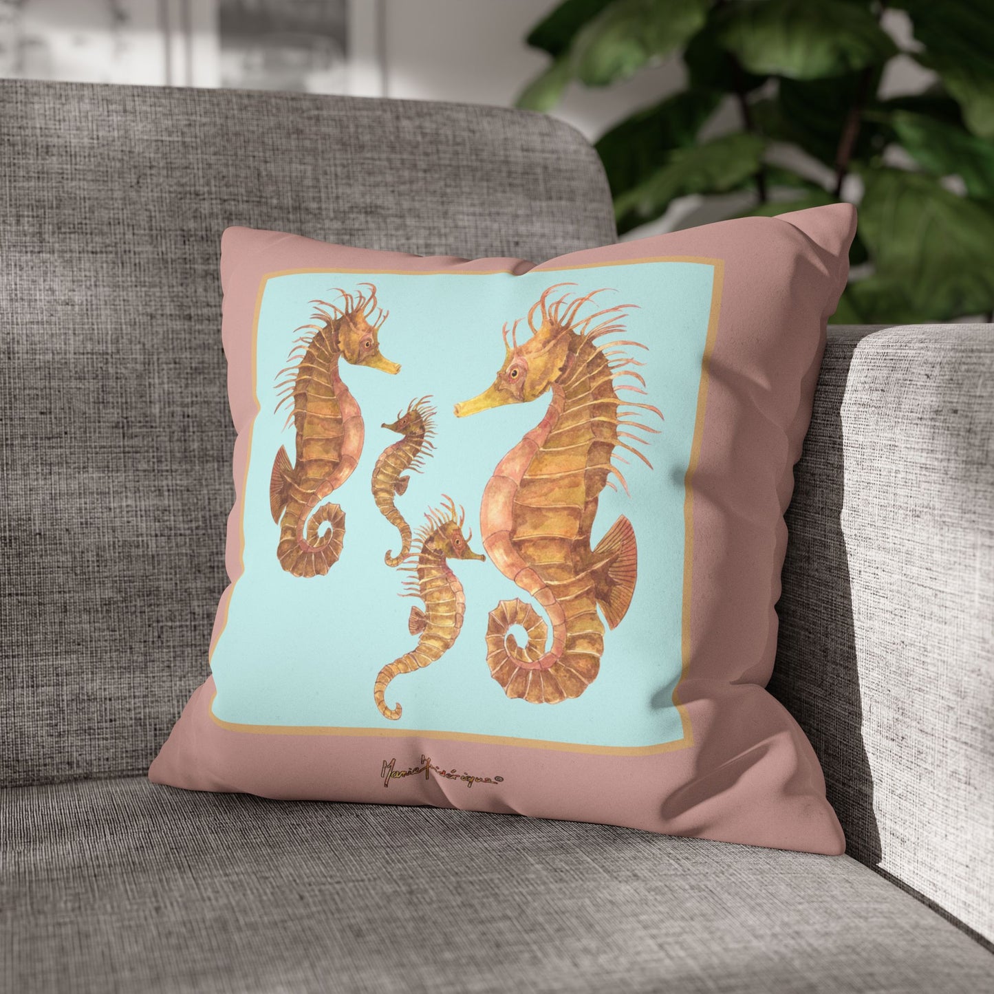 Seahorse Family Faux Suede Pillowcase – Coastal Decorative Throw Pillow by artist Marie Frederique
