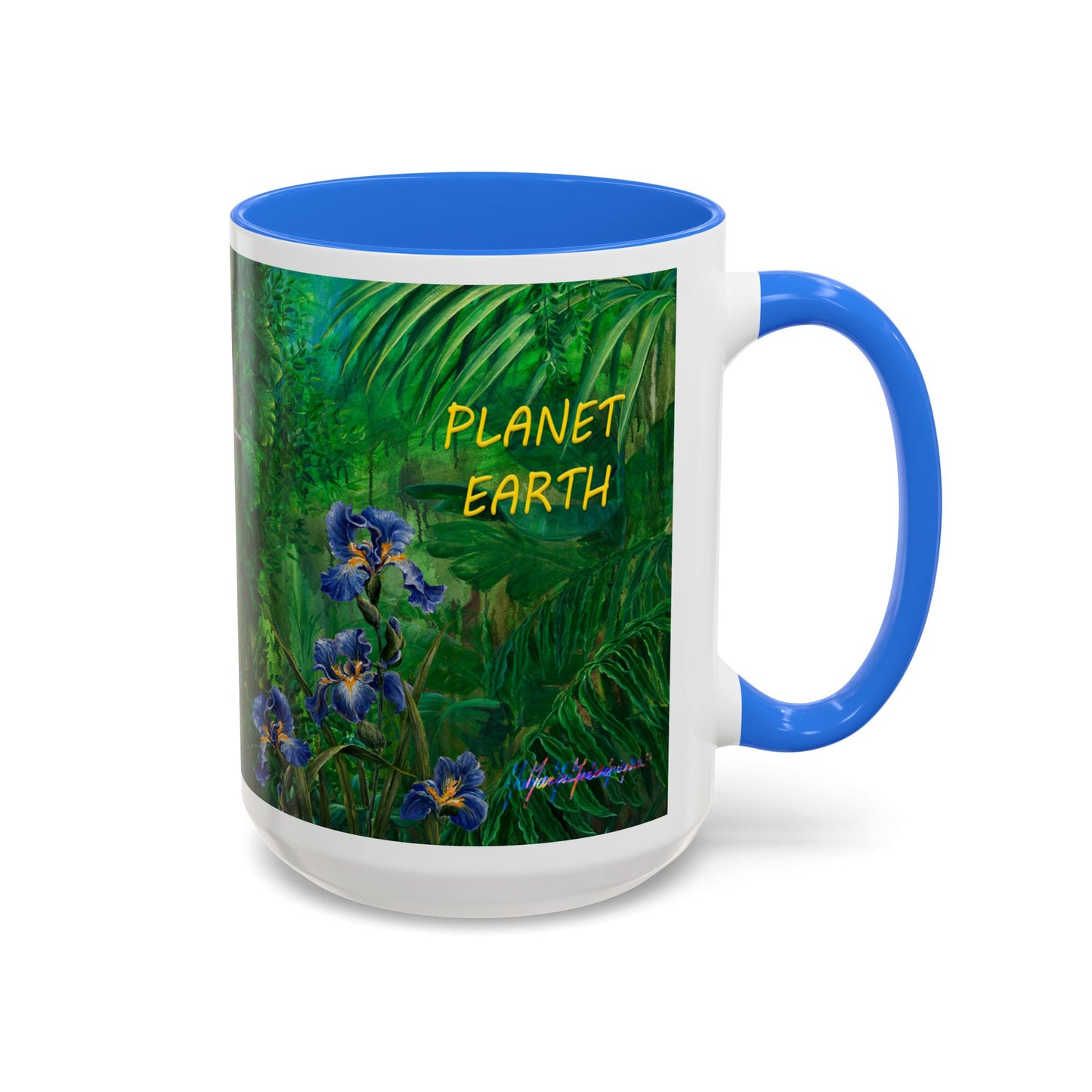 Parrots in Jungle Forest & Blue Iris mug by Artist Marie Frederique