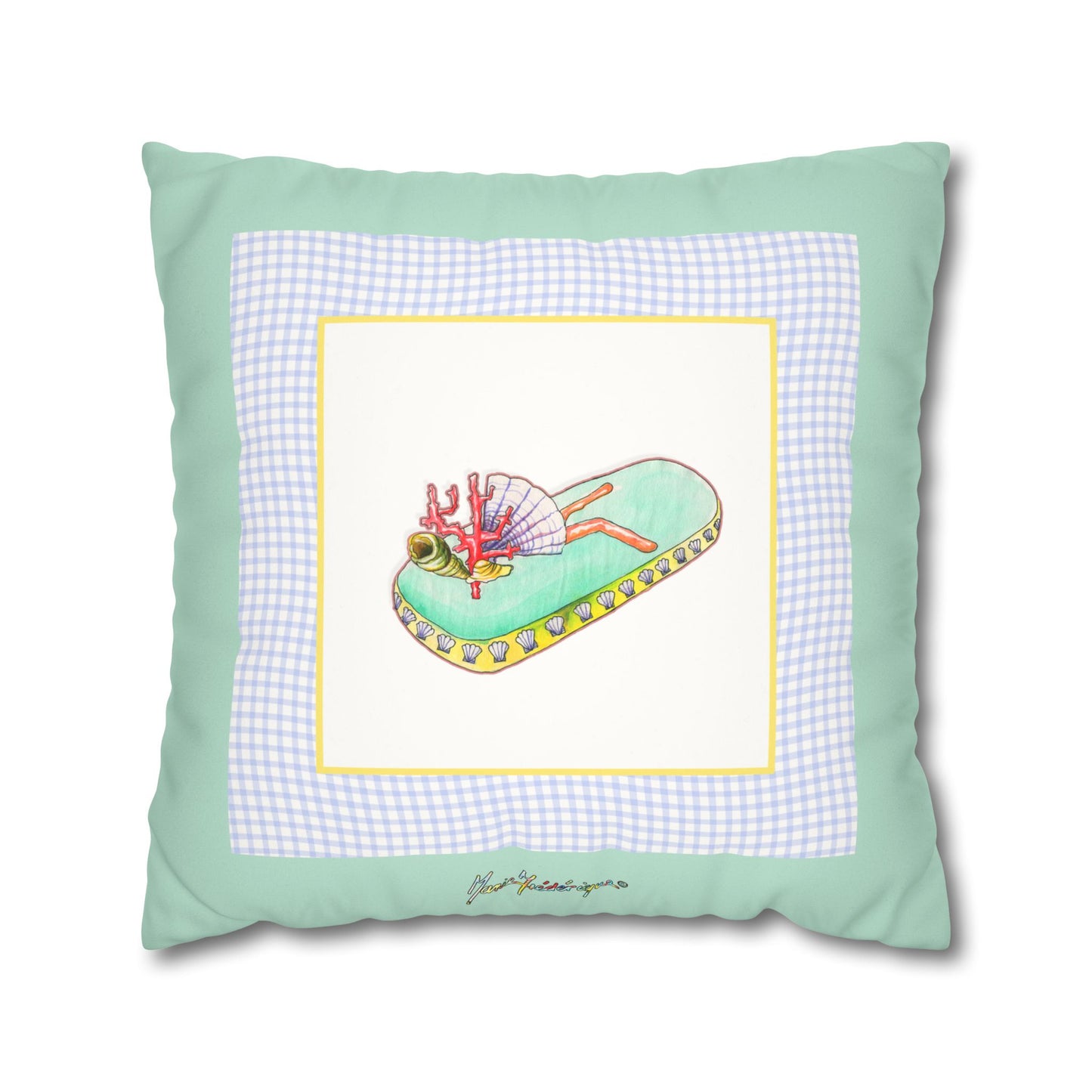 Mint Gingham Vacation Flip-Flop Pillowcase — Beachy Faux Suede Decorative Pillow Cover by artist Marie Frederique