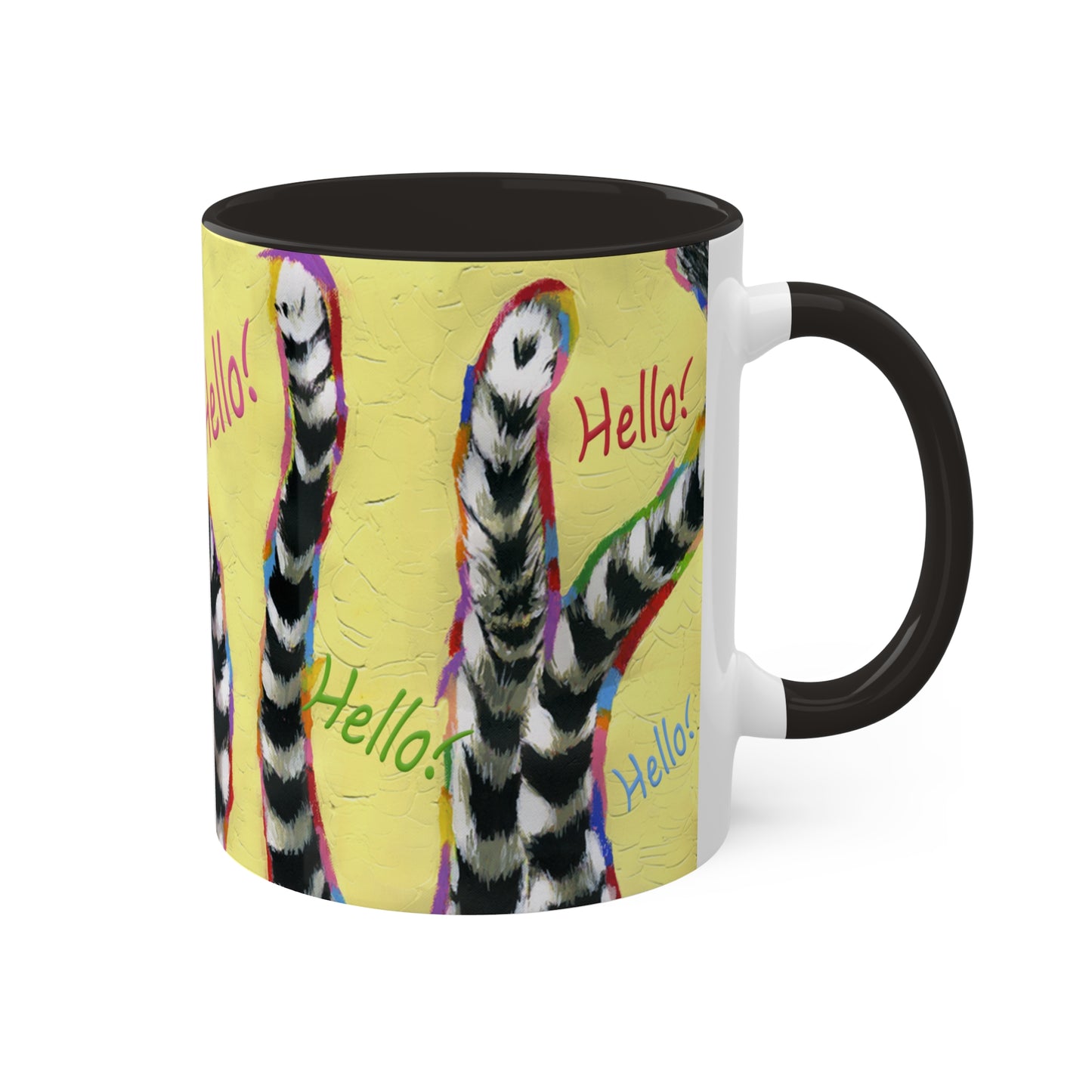 Lemurs from Madagascar scrambling to say "Hello" - Colorful Mug, 11oz By Artist Marie Frederique