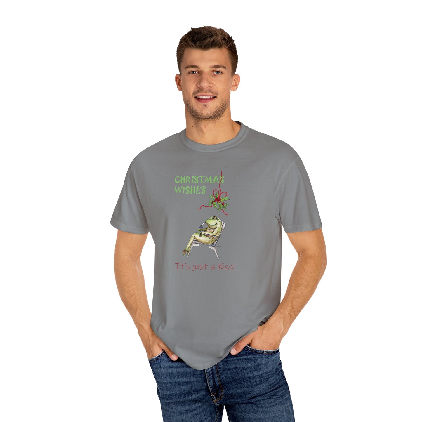 Christmas Wishes, Frenchie Frog T-Shirt by artist Marie Frederique