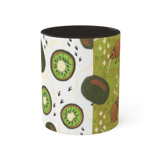 Kiwis and Kiwis Colorful Mug available in 3 color versions black, red and light green, 11oz By Artist Marie Frederique