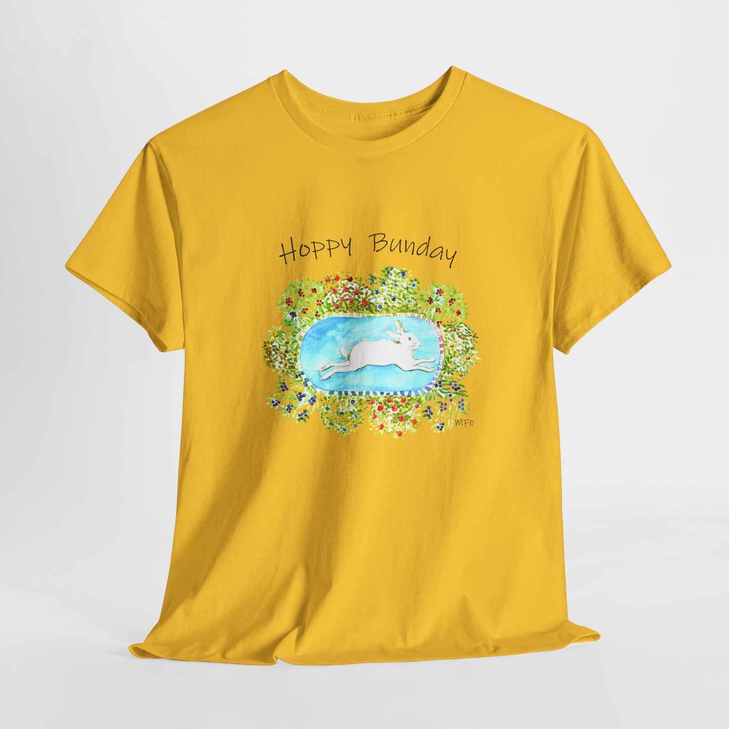 Hoppy Bunday Unisex Heavy Cotton Tee - Fun Spring T-Shirt for Bunny Lovers by artist Marie Frederique