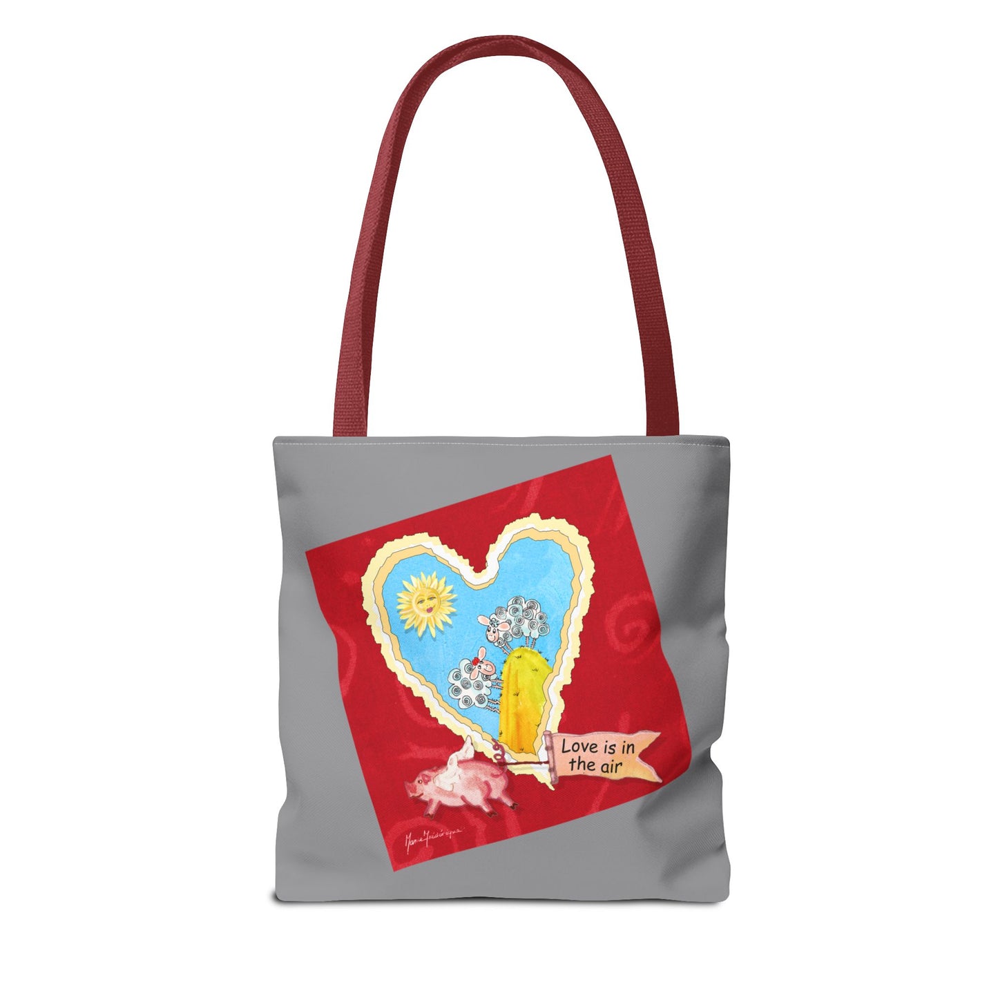 Valentine Tote Bag, Love is in the air - grey and red (2 different images on one bag) by artist Marie Frederique