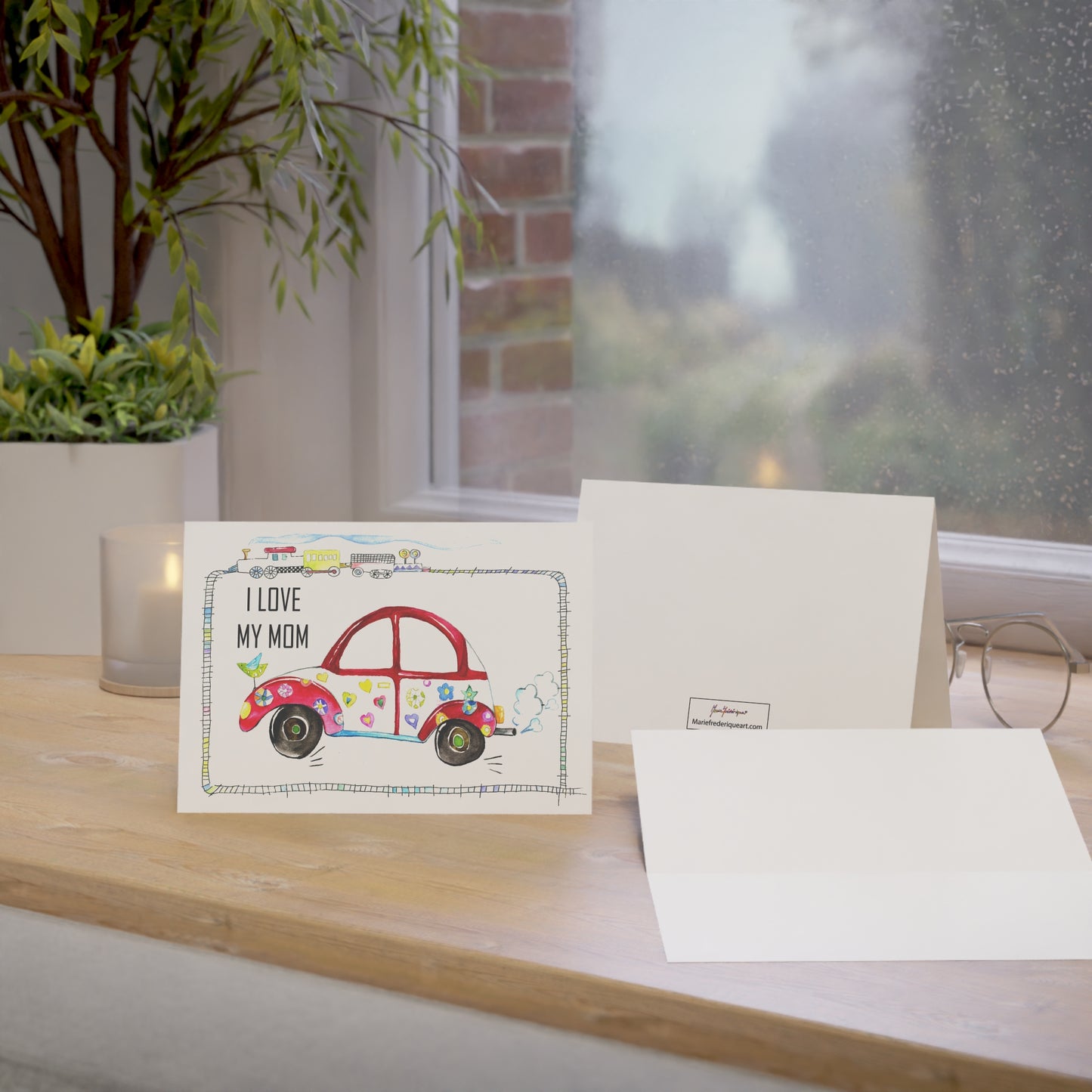 Mother's Day - I LOVE MY MOM, Red Beetle Car and train track Greeting Card for boys by Artist Marie Frederique