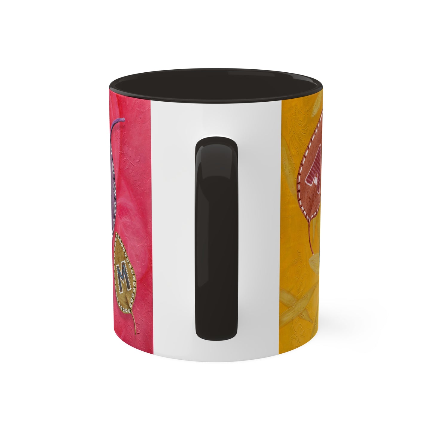 OM/AUM Alphabet leaves painted spelling OM and AUM in 5 color options of Red, Maroon, Black, Yellow and Cambridge Blue Mugs, 11oz By Artist Marie Frederique