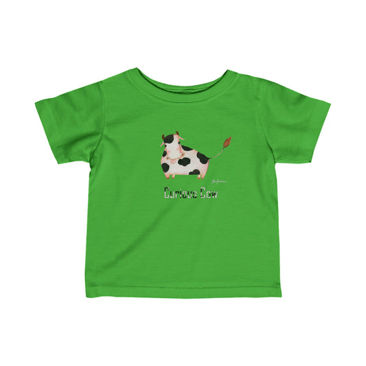 Curious Cow - Infant Fine Jersey Tee by Artist Marie Frederique in 5 color options. White, Apple, Light Blue, Pink and Red