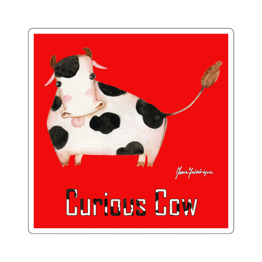 Curious Cow, Black and white Cow on a Red Sticker in 4 sizes by artist Marie Frederique