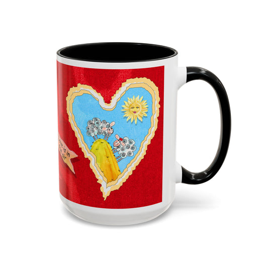 Valentine Sheep, Love is in the air with flying pig - Accent Coffee Mug (11, 15oz) by artist Marie Frederique