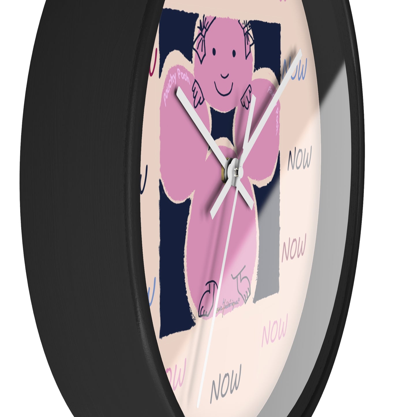 NOW - Wall Clock Pouchy Pooh (Pronounced Puchi Poo) in pink and navy by Artist Maria Frederique